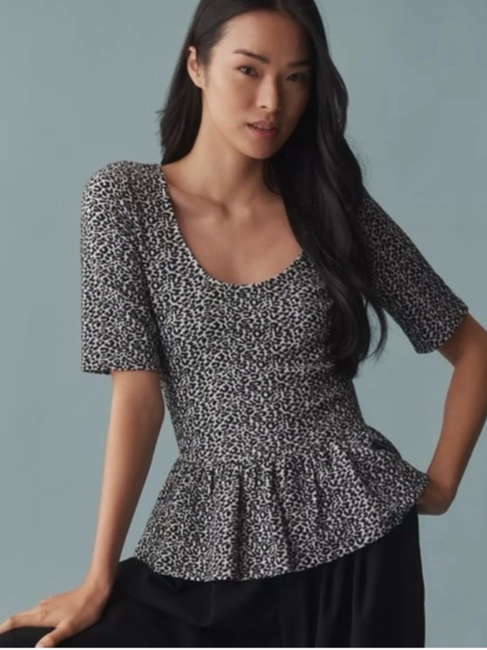 Maeve Scoop Neck Peplum Top in Black & White Animal Print, NWT Anthropologie, S